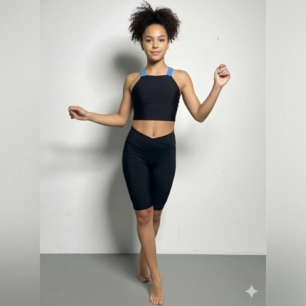 Theatricals Black Turquoise 2PC Dance Set Crop Top and Bike Shorts‎ Adult XS NWT